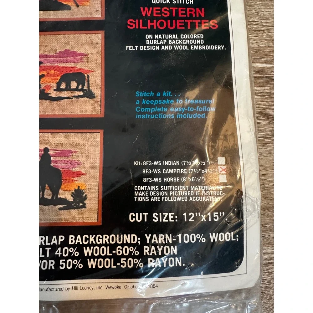 Vintage Edna Looney Original Needleart Kit Western Campfire Silhouette Wool Rare